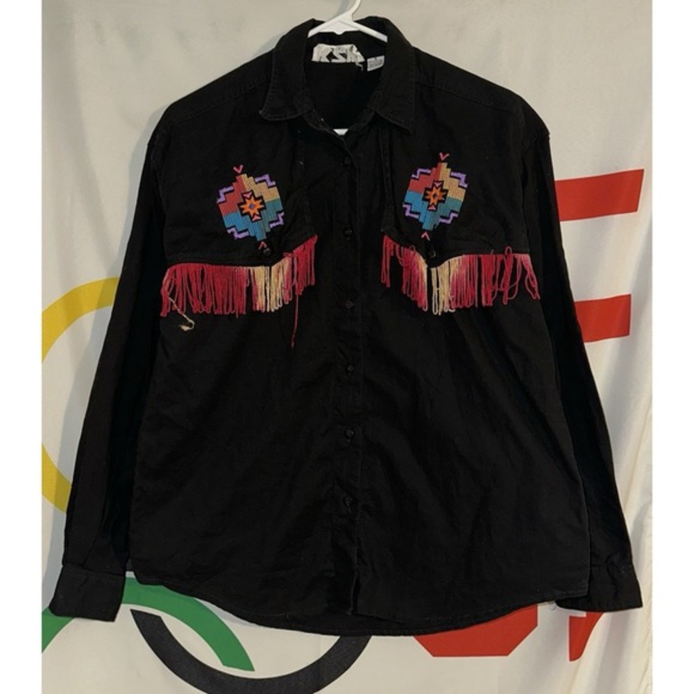 Vintage‎ KZK Western Shirt Womens Small Black Aztec Tassels Cowgirl 90s